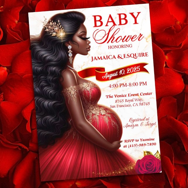 Red & Gold African Mum-to-Be Elegant Baby Shower Invitation (Luxurious Red & Gold Baby Shower Invitation for Expecting Queen. Ethnic Mom-to-Be)