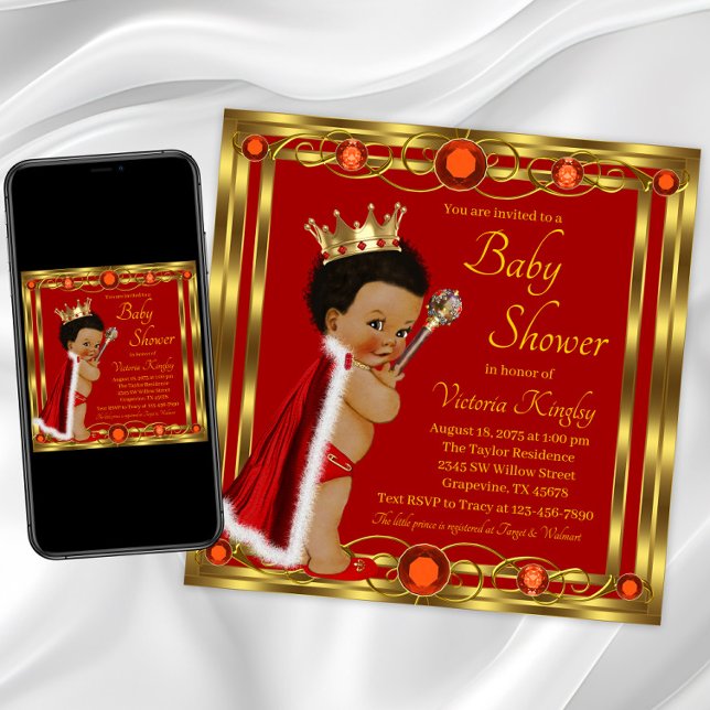 Red Gold Afro Prince Baby Shower Invitation (Red gold prince baby shower invitation. Instant download and printed invitations available. )