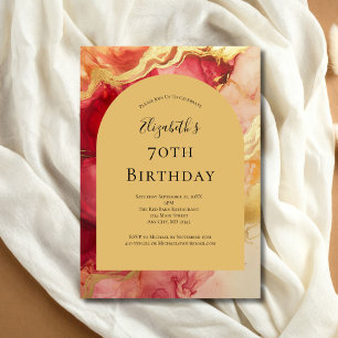 Red Gold Alcohol Ink Arch 70th Birthday For Her Invitation