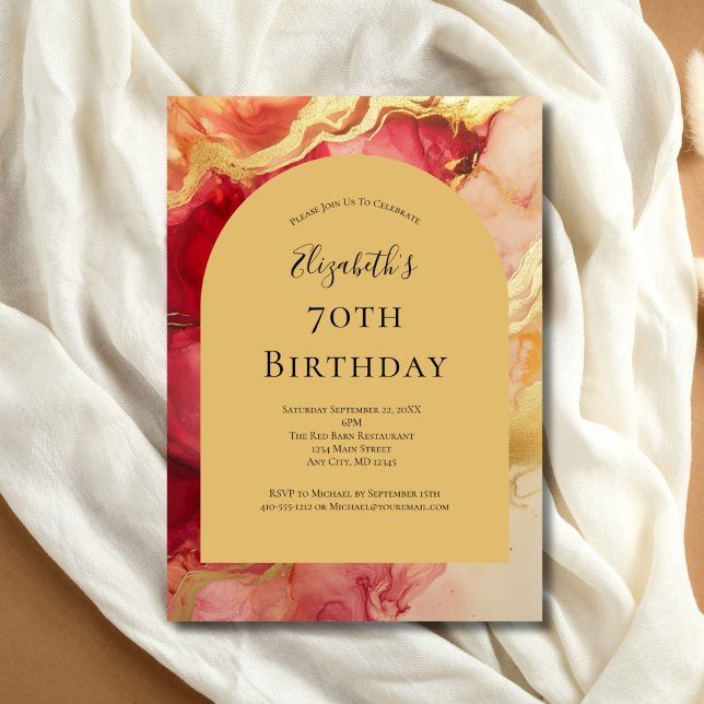 Red Gold Alcohol Ink Arch 70th Birthday For Her Invitation (Red Gold Alcohol ink Arch 70th ( or any year )Birthday invitation, Printed or Digital)