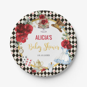Red Gold Alice in Wonderland Baby Shower Tea Party Paper Plate
