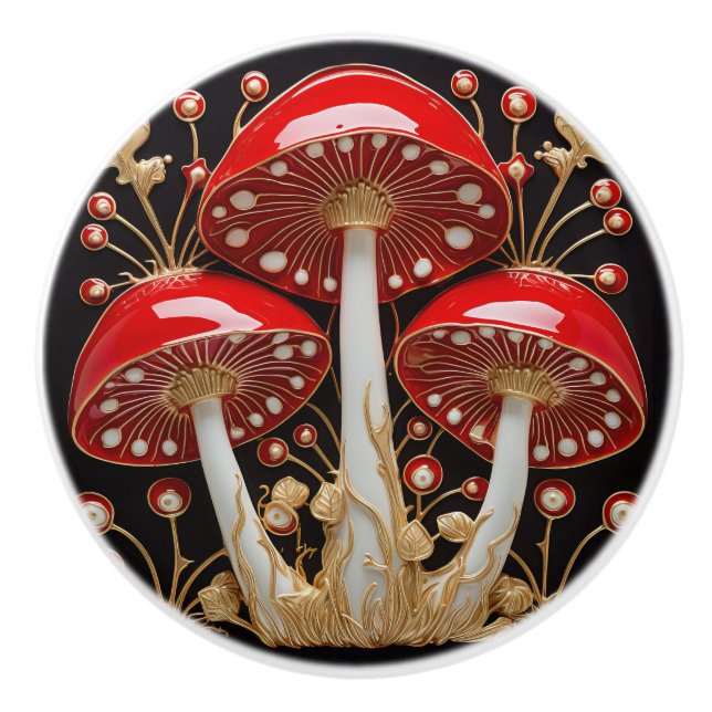 Red Gold Amanita Muscaria Mushroom 3D Effect Ceramic Knob (Front)