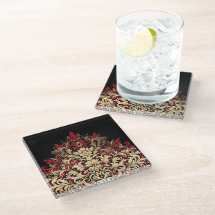 Red Gold and Black Damask  Glass Coaster