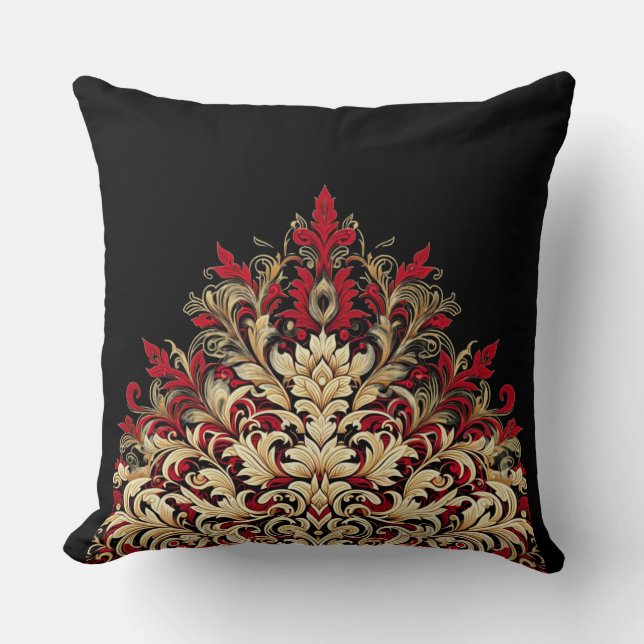 Red Gold and Black Damask Throw Pillow (Front)