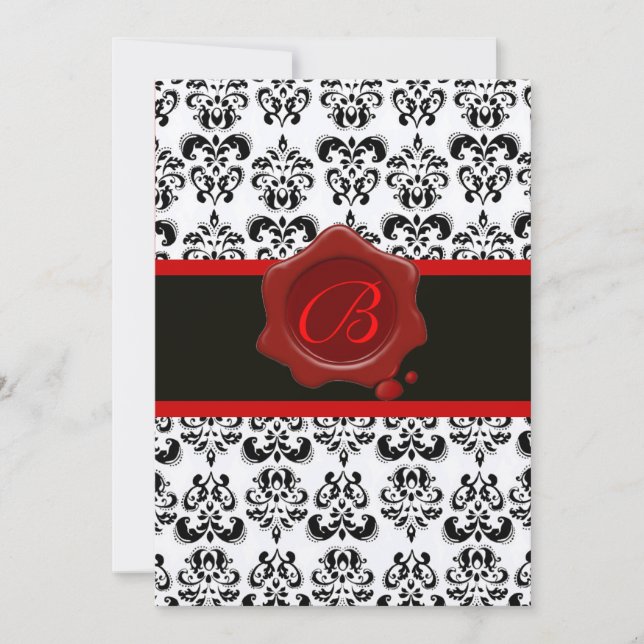 RED, GOLD AND BLACK DAMASK ,WAX SEAL MONOGRAM INVITATION (Front)