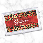 Red Gold and Black Foil Leopard Brush Strokes Business Card Holder<br><div class="desc">Modern safari girly glam personalised business card case for her.
Faux gold,  red and black leopard spot with red glitter foil brush strokes in the centre. 
All the shine and sparkle in this glitter foil design are created with digital graphics that print like a photo.</div>