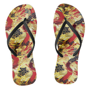 Red, Gold and Black Japanese Dragon Pattern Flip Flops