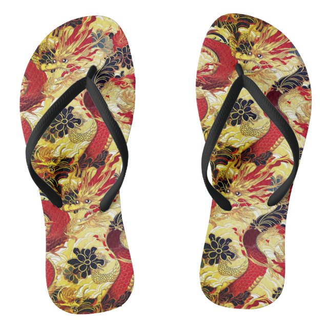 Red, Gold and Black Japanese Dragon Pattern Flip Flops (Footbed)