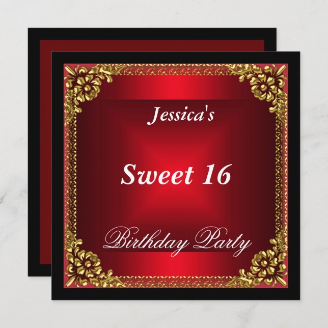 Red Gold and Black Sweet 16 Birthday Party Invitation (Front/Back)