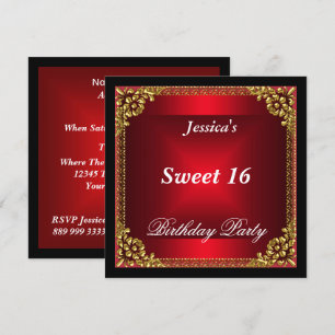 Red Gold and Black Sweet 16 Birthday Party Invitation