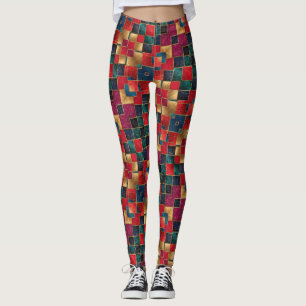 Red Gold and Blue Squares Leggings
