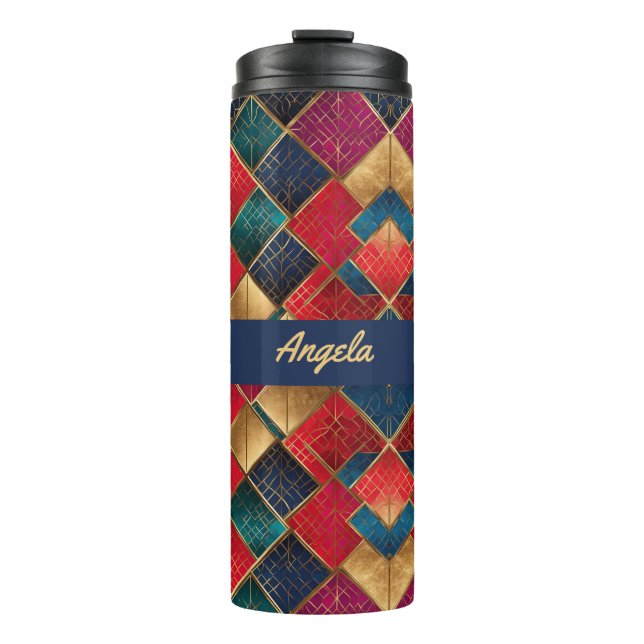 Red Gold and Blue Squares Thermal Tumbler (Front)