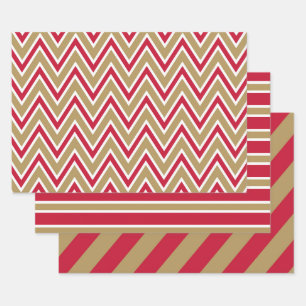 Red, Gold, and White Chevron & Stripe Patterns Wrapping Paper Sheet