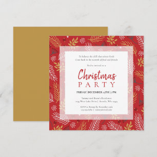 Red Gold and White Christmas Foliage Holiday Party Invitation