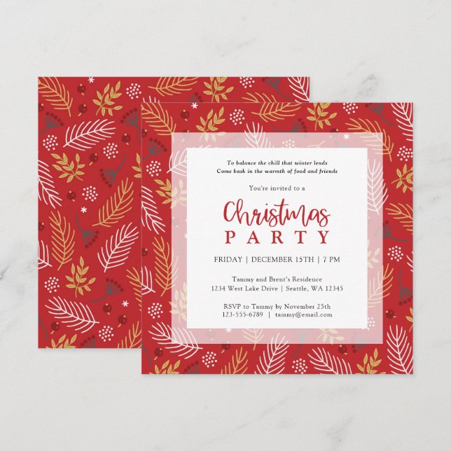 Red Gold and White Christmas Foliage Holiday Party Invitation (Front/Back)
