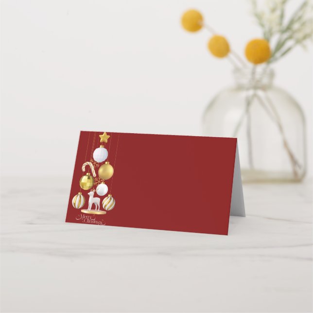 Red, Gold and White Christmas Supplies Place Card (Front)