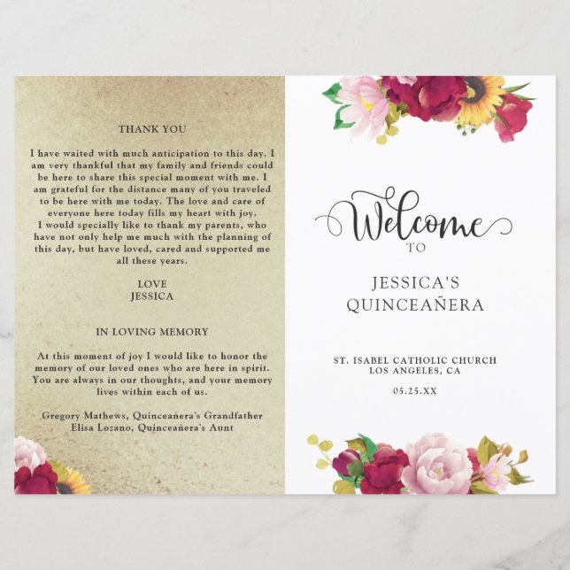 Red Gold and Yellow Floral Quinceanera Program (Front)