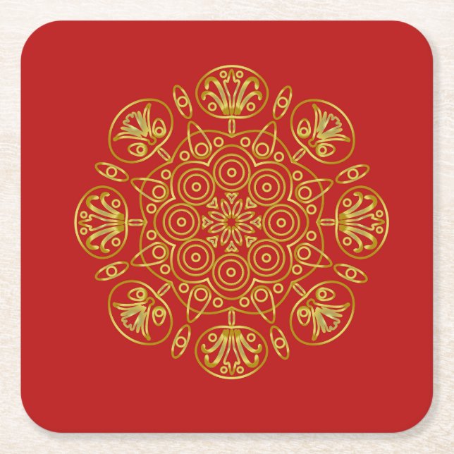 Red & Gold Arabic-inspired Paper Coasters (Front)