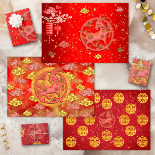 Red Gold Auspicious Clouds Chinese Zodiac Goat Wrapping Paper Sheet