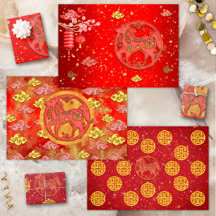 Red Gold Auspicious Clouds Chinese Zodiac Horse Wrapping Paper Sheet