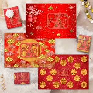 Red Gold Auspicious Clouds Chinese Zodiac Monkey Wrapping Paper Sheet