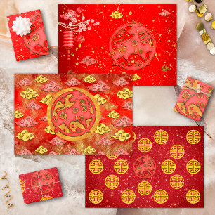 Red Gold Auspicious Clouds Chinese Zodiac Ox Wrapping Paper Sheet