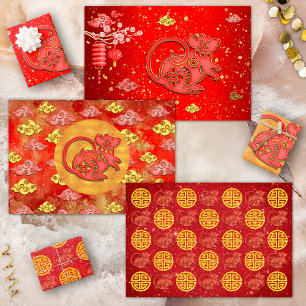 Red Gold Auspicious Clouds Chinese Zodiac Rat Wrapping Paper Sheet
