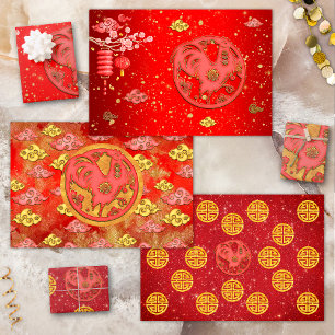 Red Gold Auspicious Clouds Chinese Zodiac Rooster Wrapping Paper Sheet