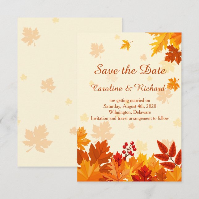 Red & gold autumnal leaves Save the Date Invitation (Front/Back)