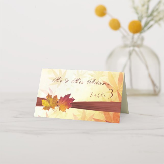 Red Gold Autumnal Leaves Wedding Place Card (Front)