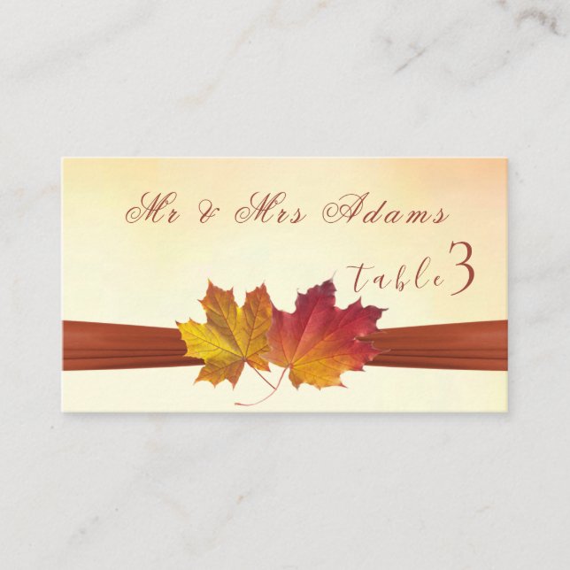 Red Gold Autumnal Leaves Wedding Place Card (Front)