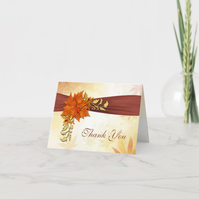 Red & Gold autumnal leaves Wedding Thank You Card (Front)