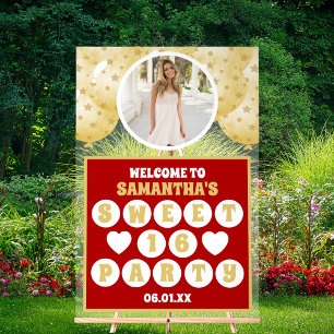 Red Gold Balloons Photo Sweet 16 Welcome Acrylic Sign