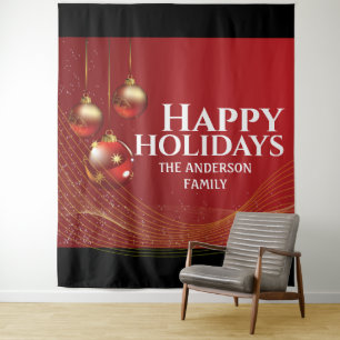Red gold balls elegant ribbon Christmas greetings  Tapestry