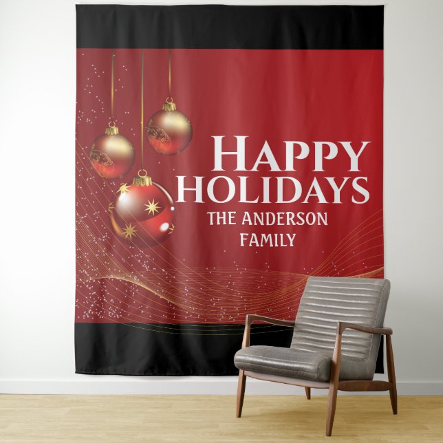Red gold balls elegant ribbon Christmas greetings  Tapestry (In Situ)