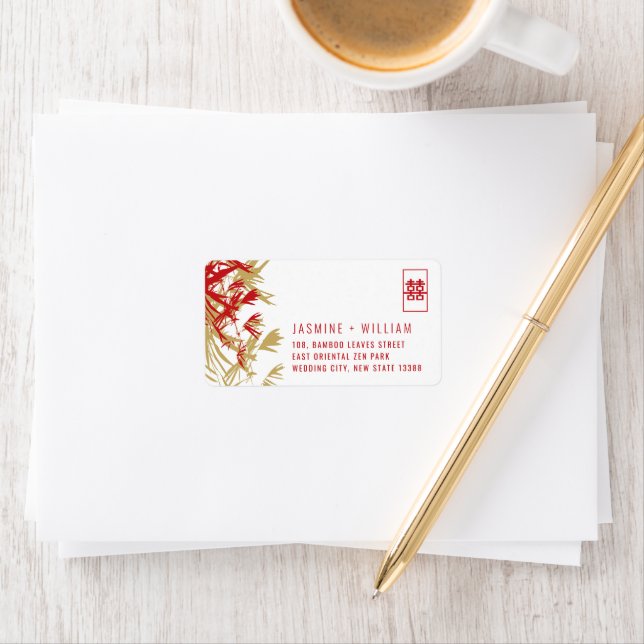 Red & Gold Bamboo Leaves Chinese Wedding Address Label (Insitu)