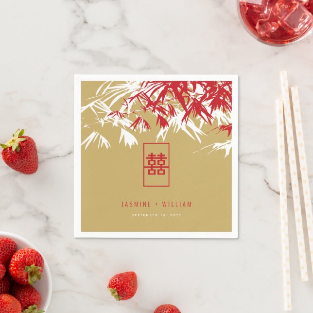Red/Gold Bamboo Leaves Double Xi Chinese Wedding Napkin (Insitu)