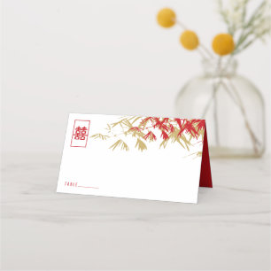Red & Gold Bamboo Leaves Double Xi Chinese Wedding Place Card