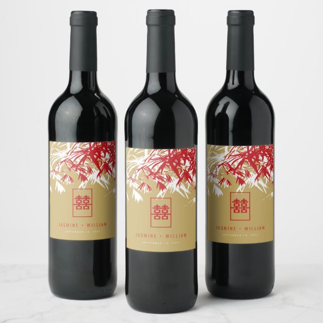 Red/Gold Bamboo Leaves Double Xi Chinese Wedding Wine Label (Bottles)