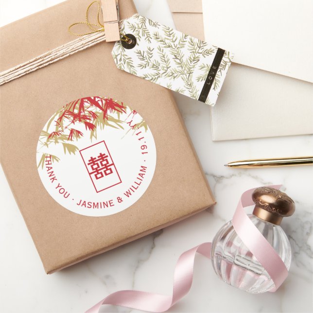 Red & Gold Bamboo Leaves Modern Zen Asian Wedding Classic Round Sticker (Gifting)