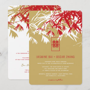 Red & Gold Bamboo Leaves Modern Zen Asian Wedding Invitation