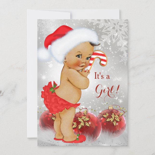 Red Gold Bauble Christmas Baby Shower Brunette Invitation (Front)