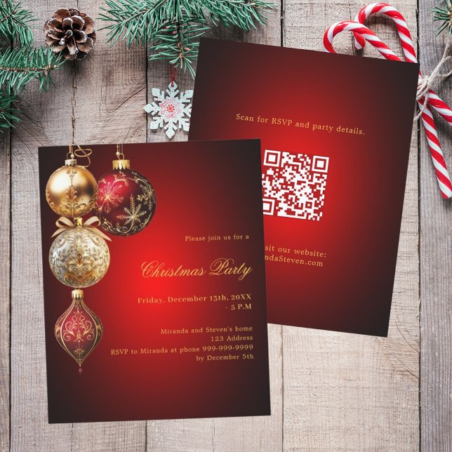 Red gold bauble QR code Christmas Party invitation (Creator Uploaded)