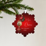 Red gold baubles Christmas decor Tree Decoration Card<br><div class="desc">A red gradient background. Decorated with red and gold baubles and some greenery and a pine cone.  Personalise and add your name,  year.  Text: Merry Christmas</div>