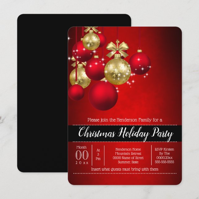 Red gold baubles Christmas holiday party chic Invitation (Front/Back)