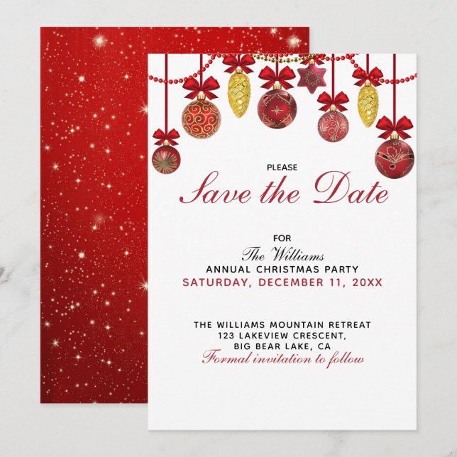 RED GOLD BAUBLES Christmas Party Save the Date Invitation (Front/Back)