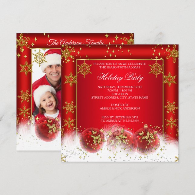 Red Gold Baubles Christmas Photo Holiday Party Invitation (Front/Back)