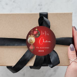 Red gold baubles decor classic Christmas Classic Round Sticker<br><div class="desc">For a Christmas party favours or gift wrapping. A red uneven coloured background. Decorated with red and gold baubles.  Personalise and add your name,  year.  Text: Merry Christmas</div>