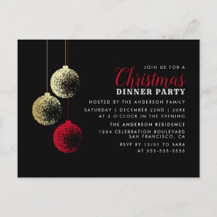 Red & Gold Baubles Elegant Christmas Dinner Party Invitation Postcard