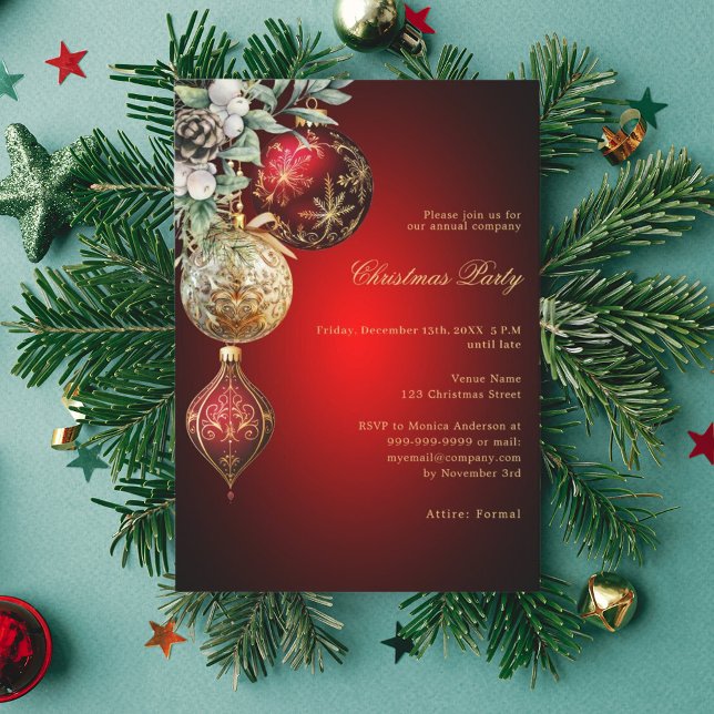 Red gold baubles employee business Christmas Party Invitation (Creator Uploaded)